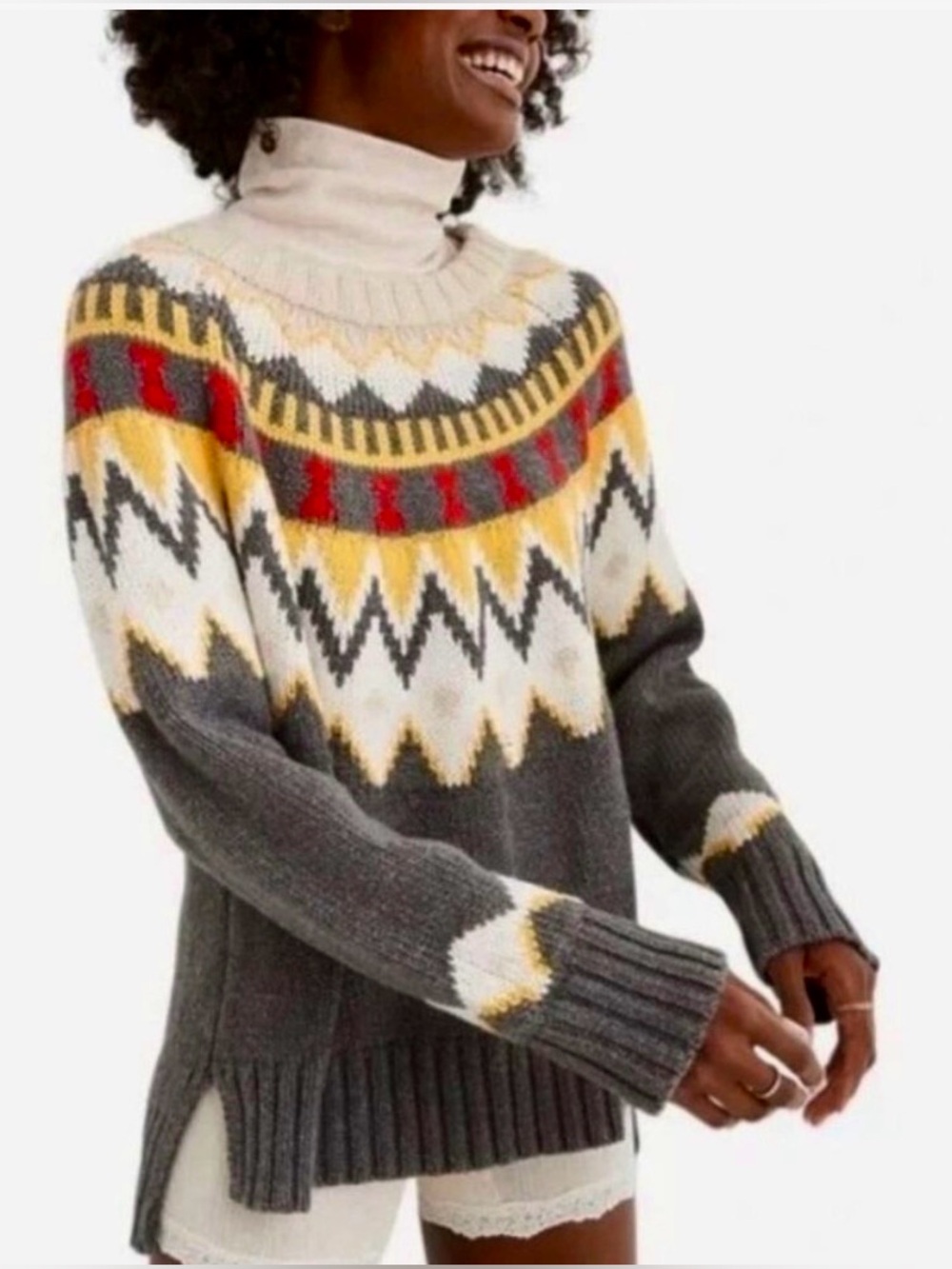 Aerie Gray Fair Isle Crewneck Sweater Chunky Knit Nordic Yoke Size Small